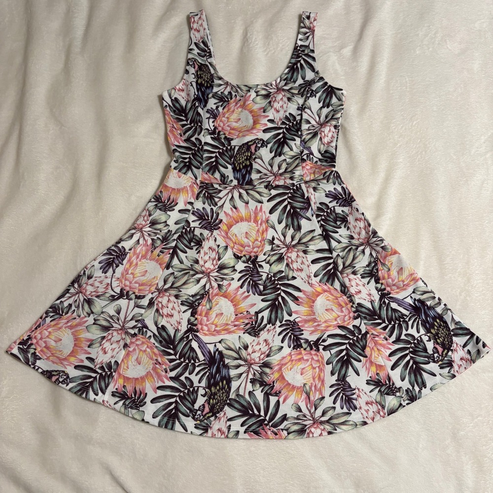 Skater Dress Sz 6 White Tropical Protea Parrot Floral Summer Vacation